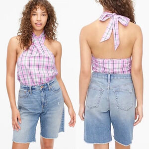 ✨NWT J. Crew Pink Violet Pastel Plaid Tie Neck Halter Top Size Small